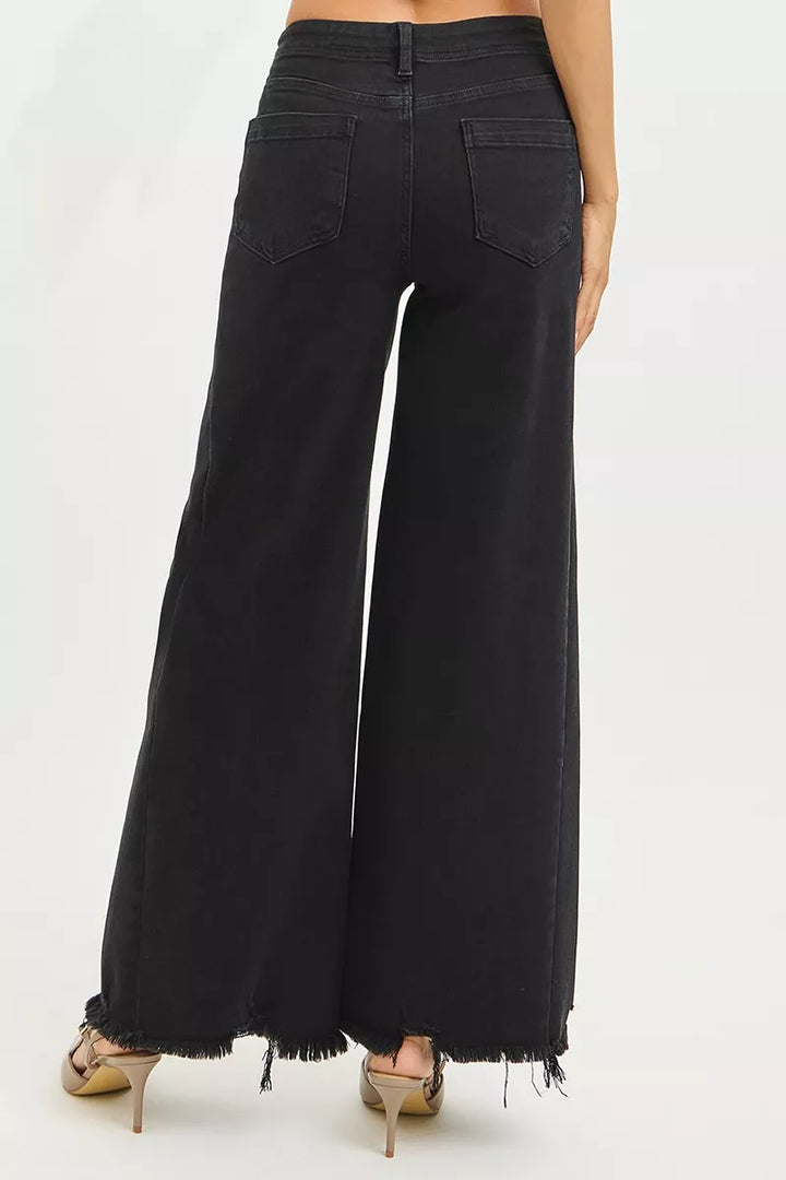 Black Risen Tummy Control High Rise Palazzo Leg Frayed Hem Jeans