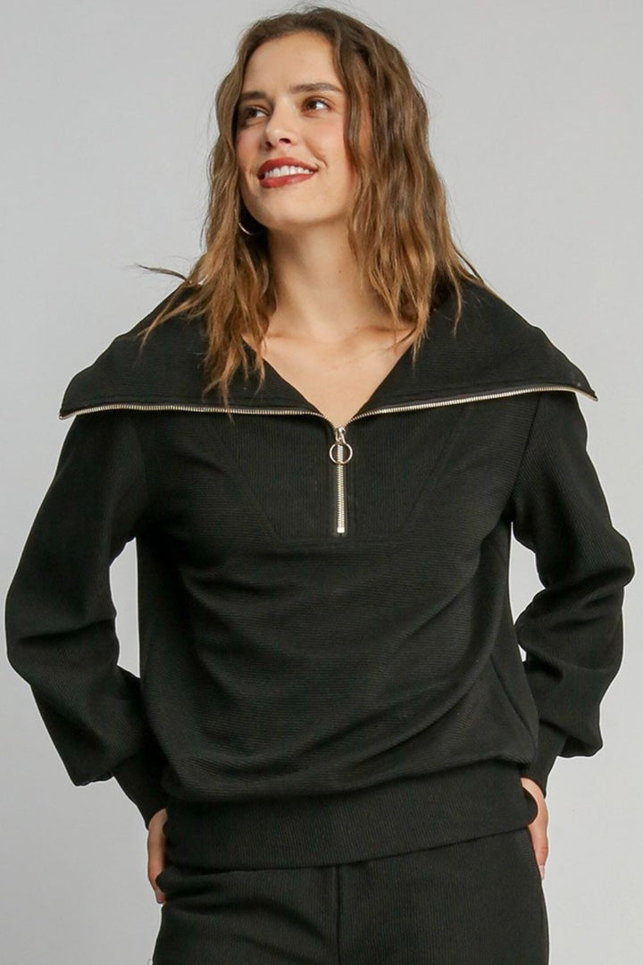 Black Umgee Full Size Ribbed Knit Half Zipper Sweatshirt Plus Size