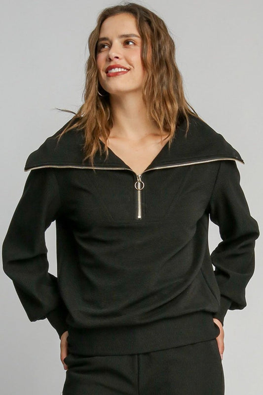 Black Umgee Full Size Ribbed Knit Half Zipper Sweatshirt Plus Size