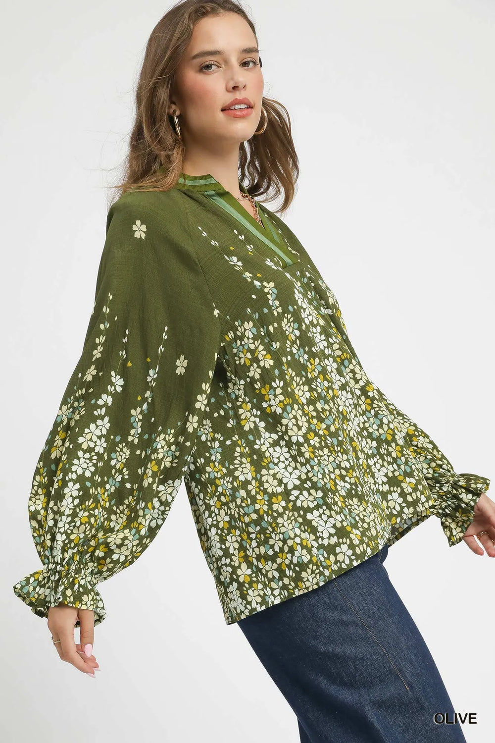 Olive Umgee Floral Vine Print Blouse With Balloon Sleeves