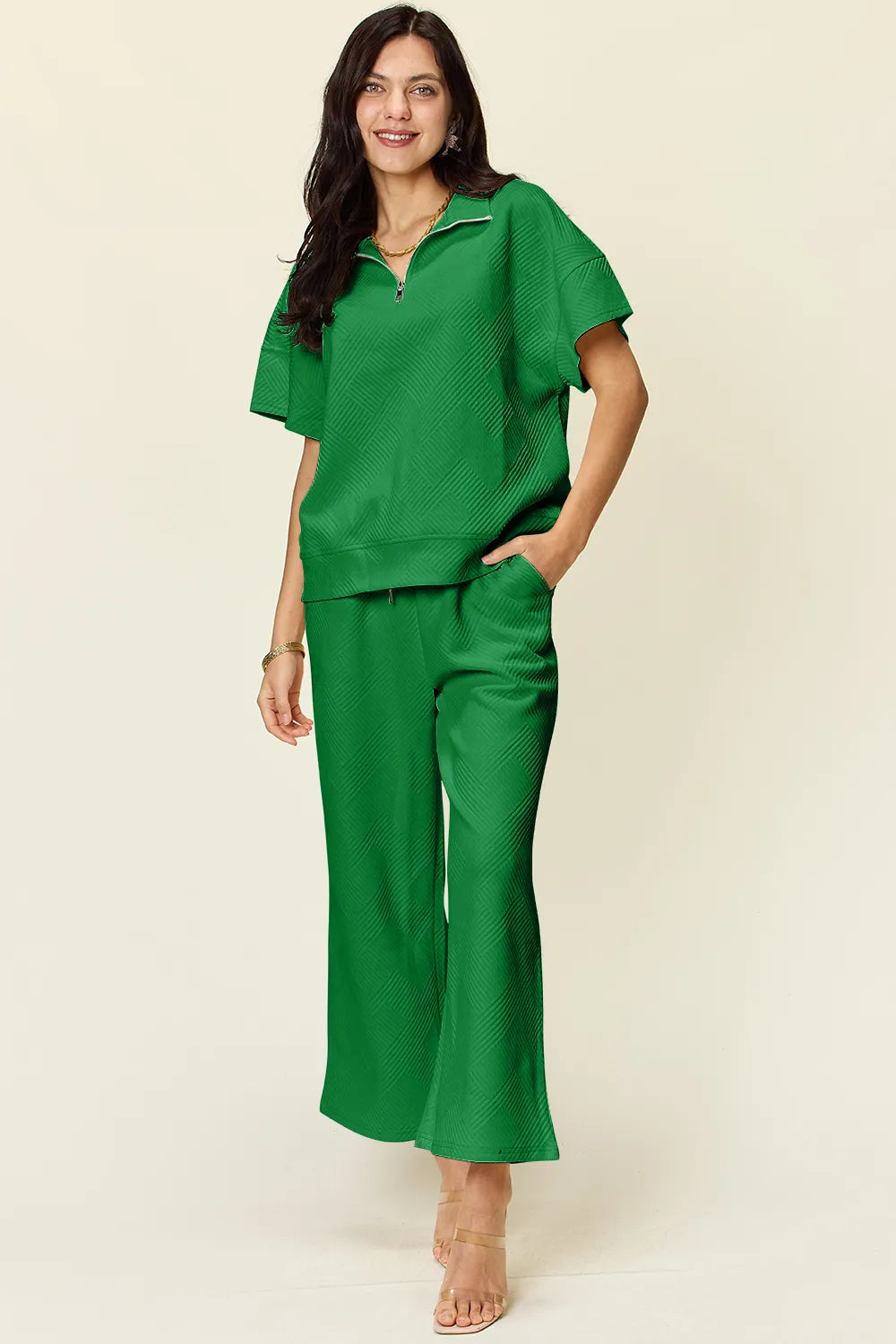 Green Double Take Full Size Texture Half Zip Short Sleeve Top And Pants Set 1