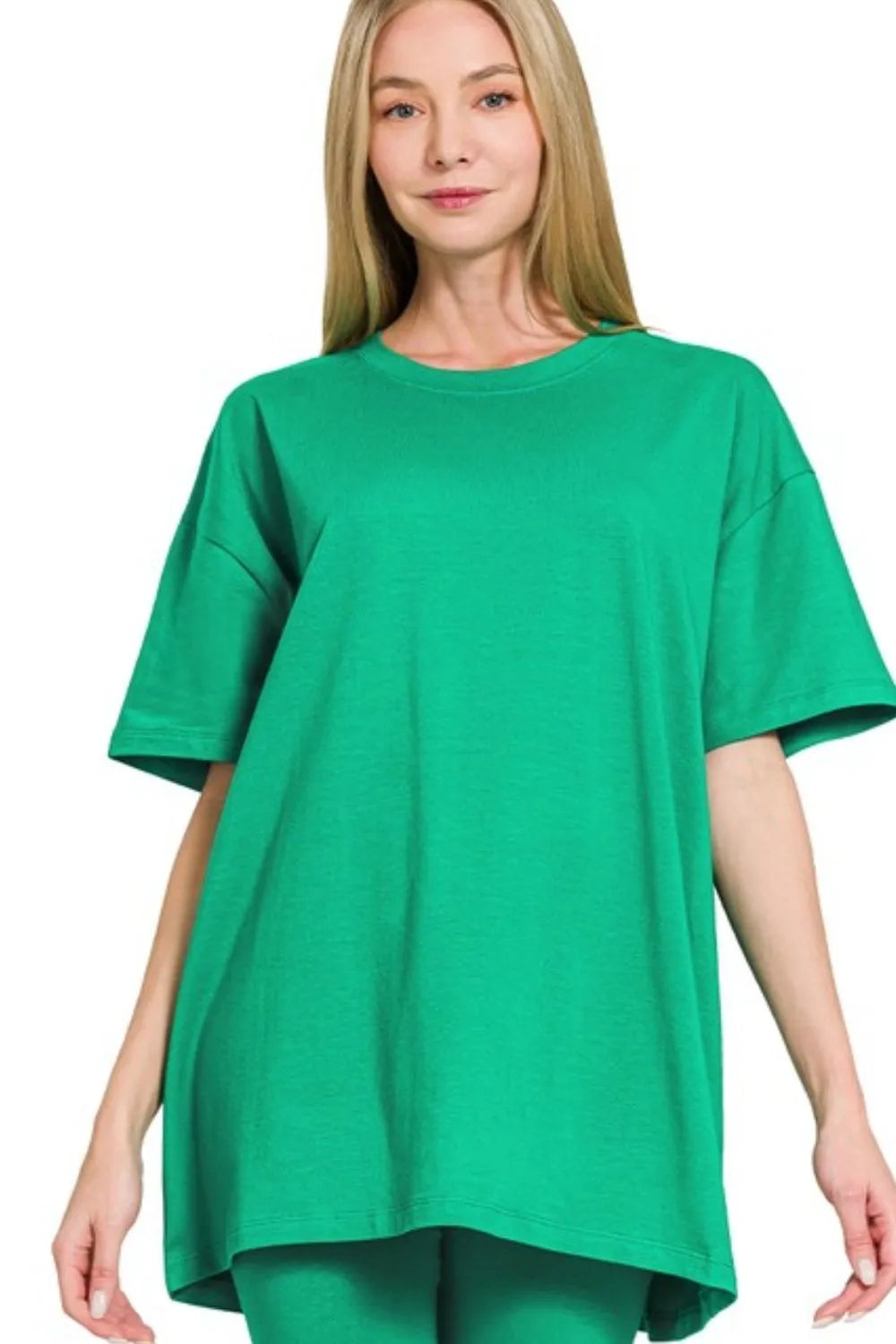 K Green Zenana Cotton Round Neck Top Biker Shorts 2