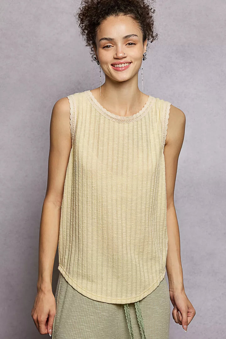 Banana Mousse Pol Ribbed Round Neck Tank With Lace Trim 1