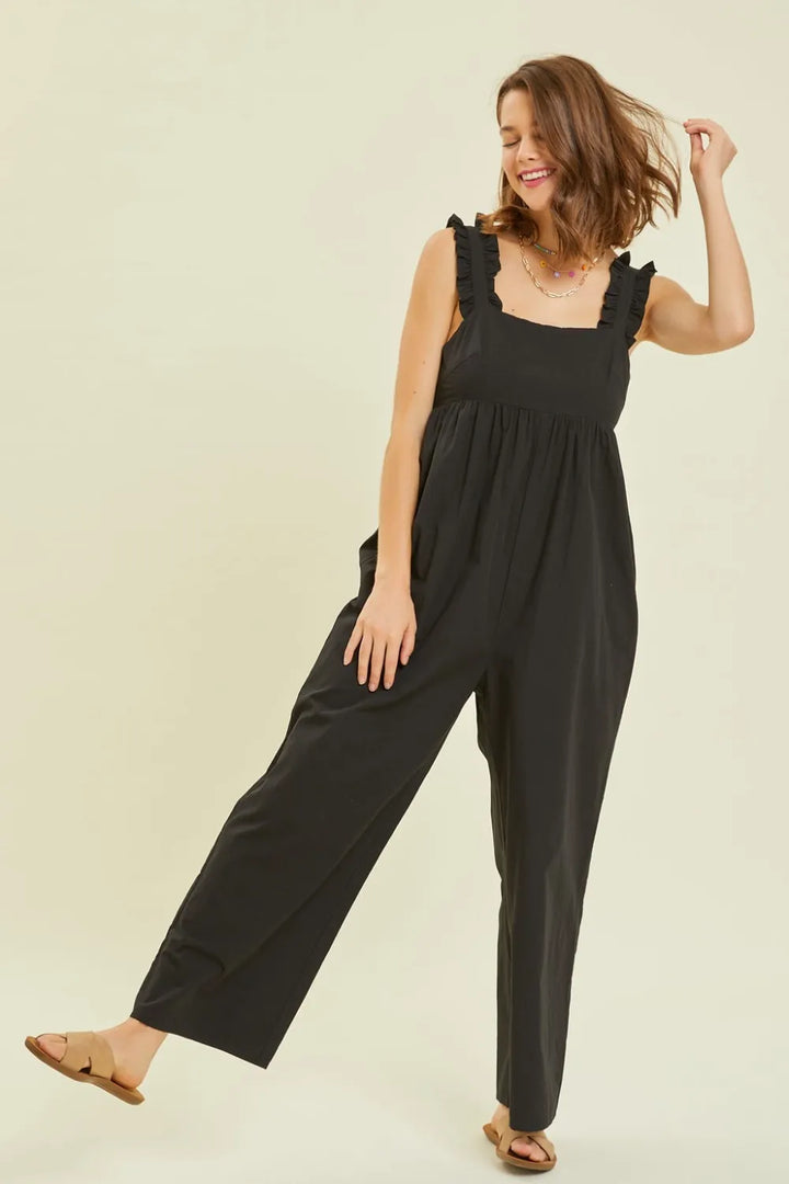 Black Heyson Full Size Ruffled Strap Back Tie Wide Leg Jumpsuit
