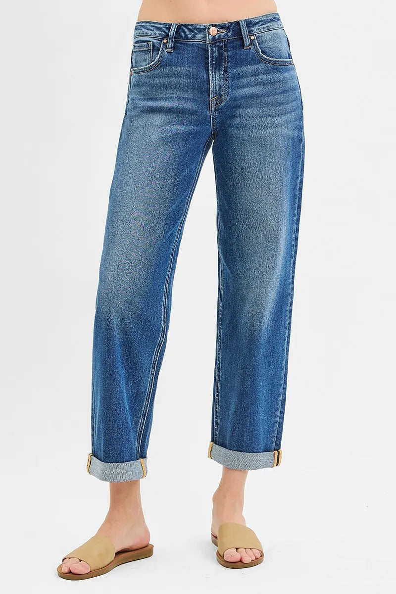 Dark Risen Full Size Mid Rise Boyfriend Roll Up Jeans Plus Size
