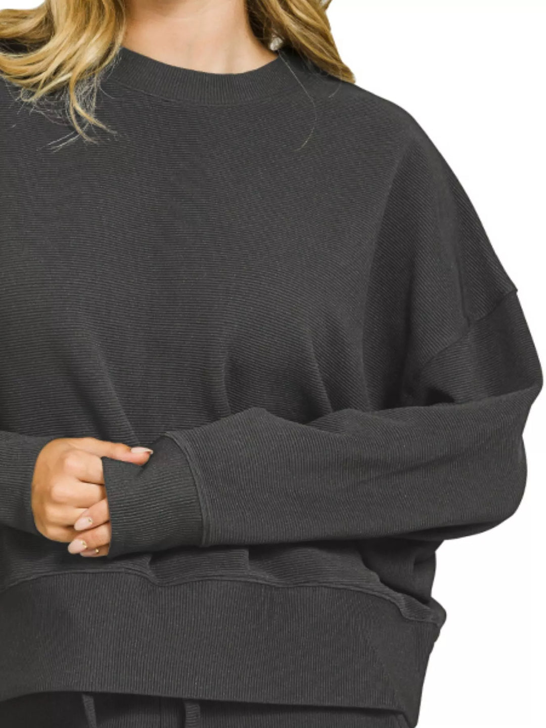 Black Zenana Ribbed Round Neck Pullover And Shorts Set 5