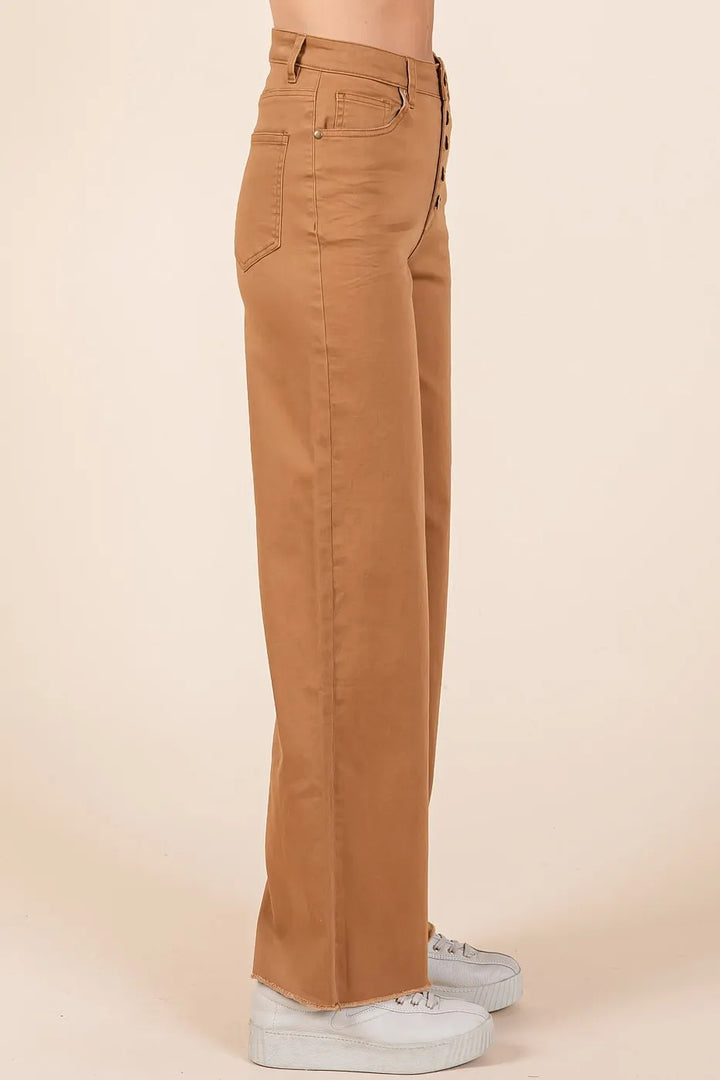 Camel Mittoshop Twill High Waisted Button Fly Wide Leg Pants