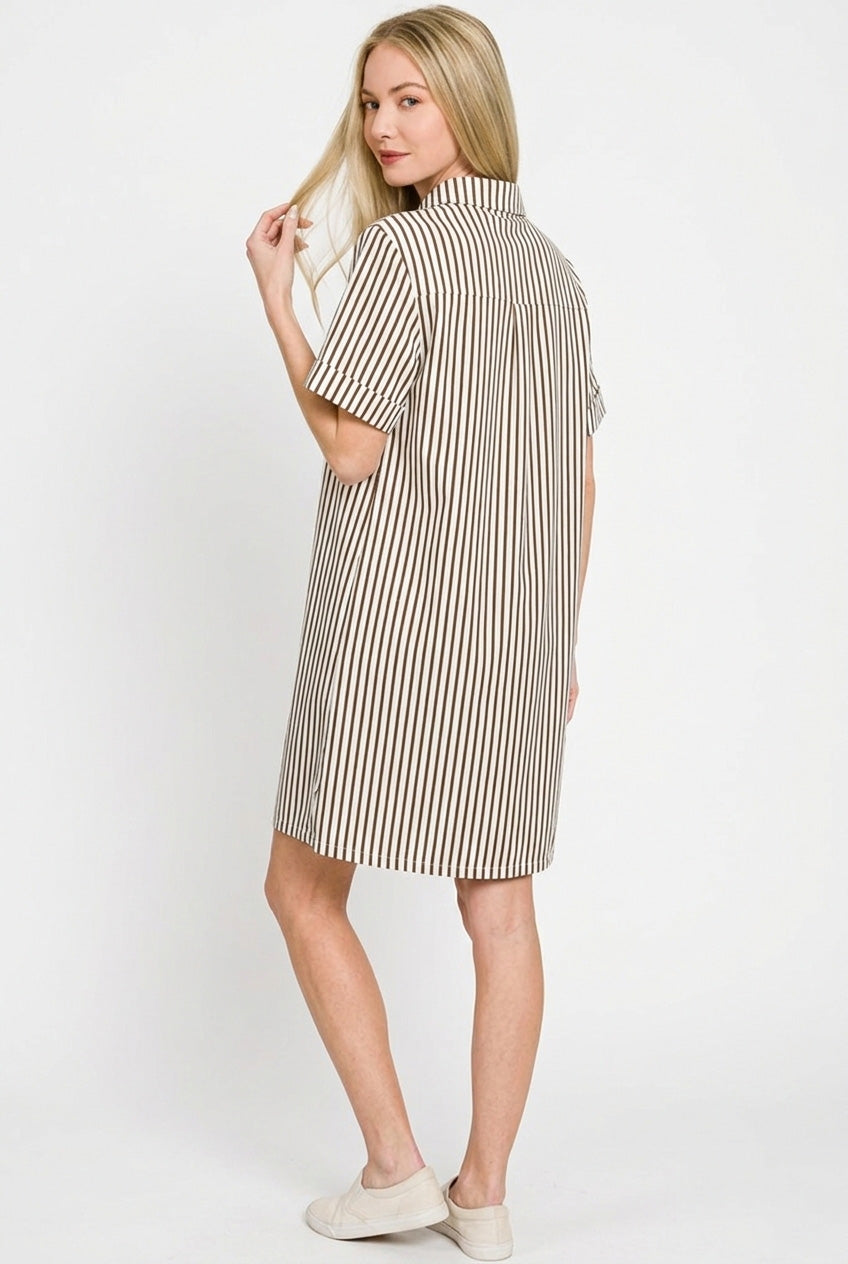 Brown Zenana Stripe Collared Half Button Up T Shirts Dress 1