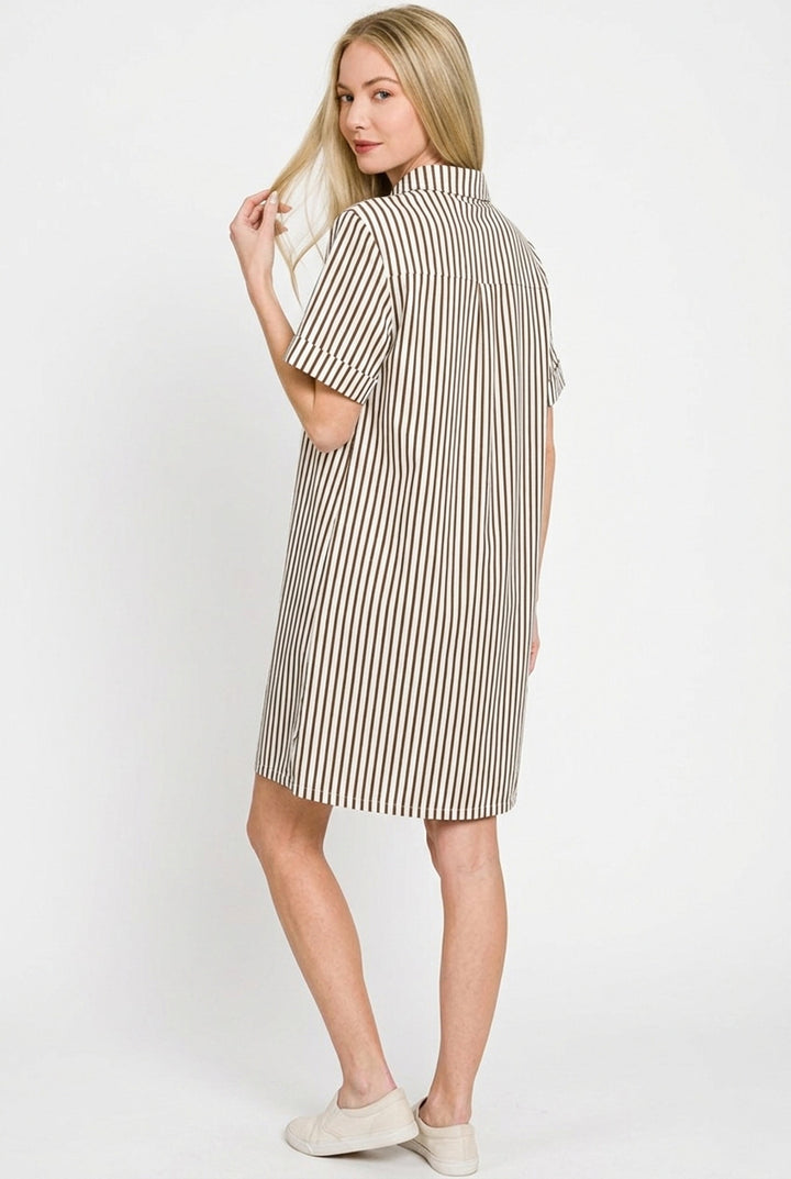 Brown Zenana Stripe Collared Half Button Up T Shirts Dress 1
