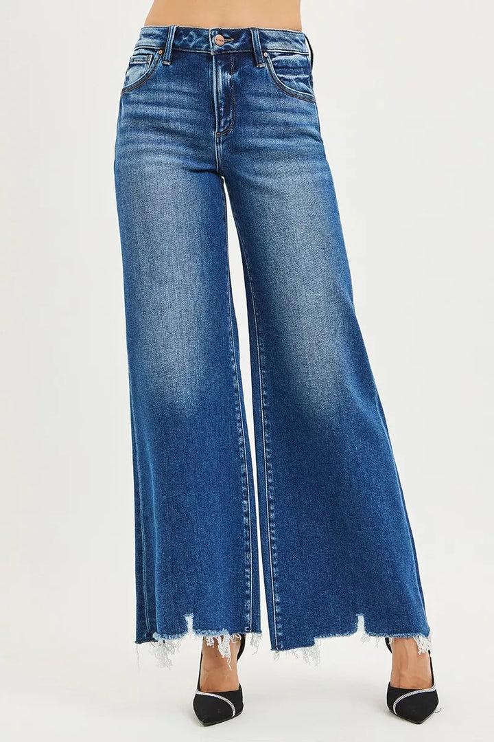 Dark Risen High Rise Wide Leg Jeans With Distressed Hem