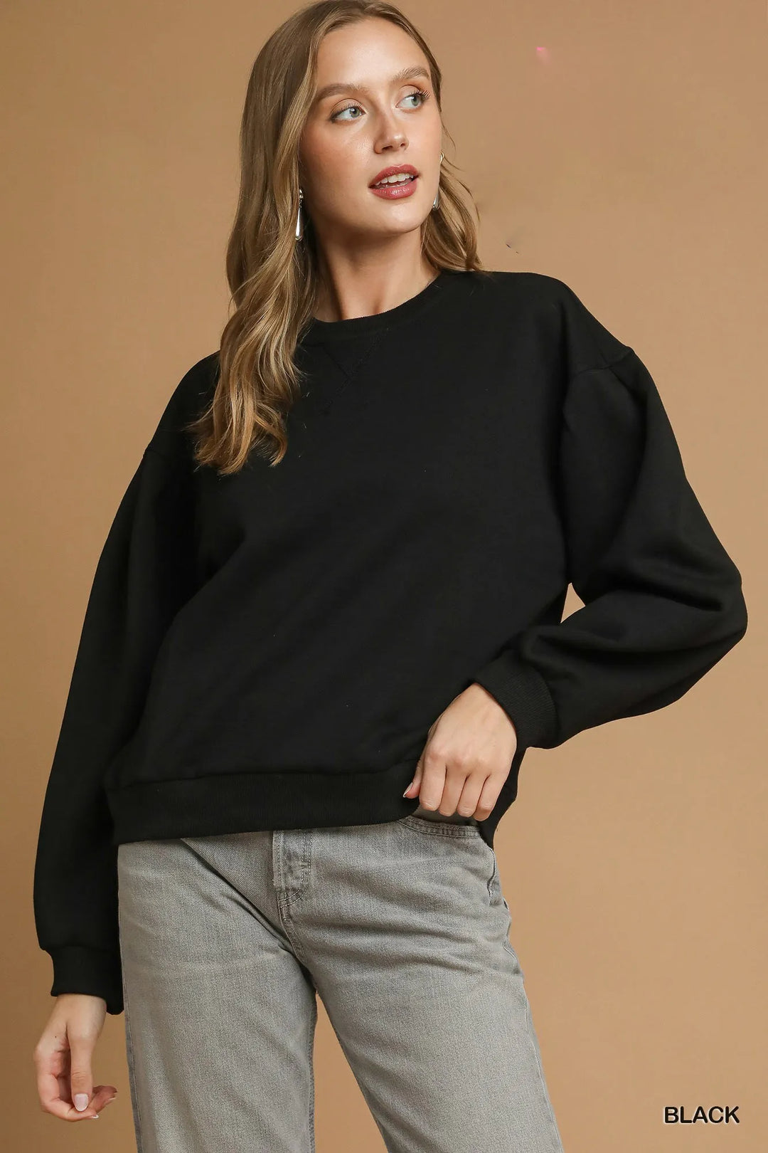 Black Umgee Round Neck Sweatshirt With Pleated Detail
