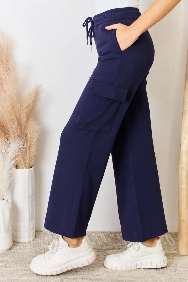 Dark Blue Risen Drawstring Relaxed Cargo Wide Leg Pants