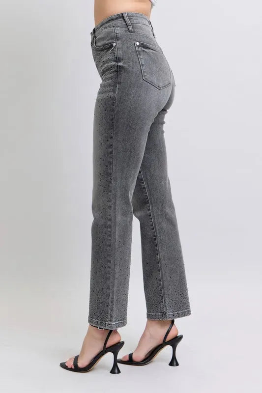 Gry Judy Blue Full Size High Waist Rhinestone Straight Jeans Plus Size