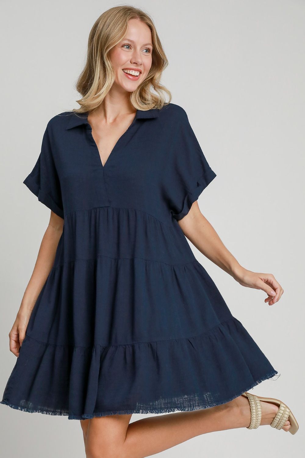 Dark Navy Umgee Full Size Raw Hem Folded Sleeve Tiered Dress Plus Size
