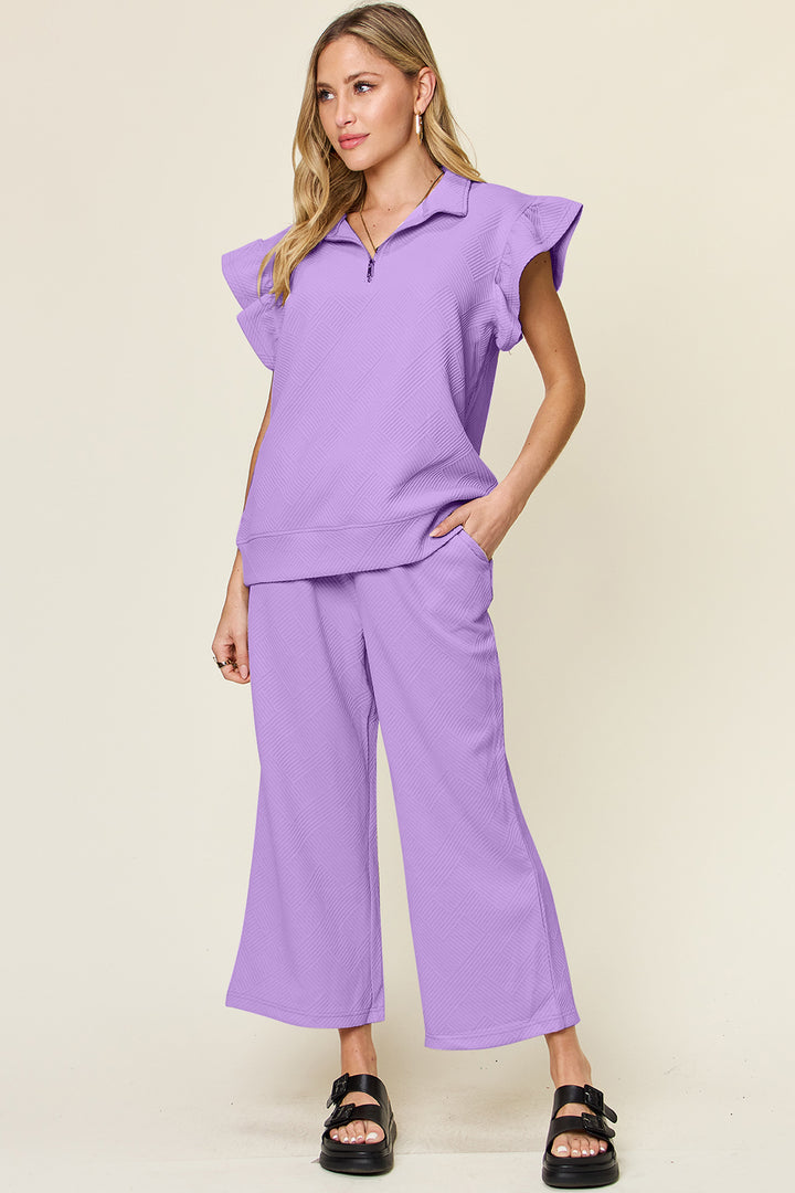 Royal Blue Double Take Texture Ruffle Short Sleeve Top And Drawstring Wide Leg Pants Set