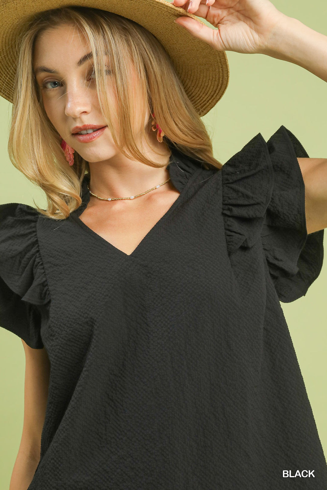 Umgee Textured Ruffle Sleeve V Neck Blouse