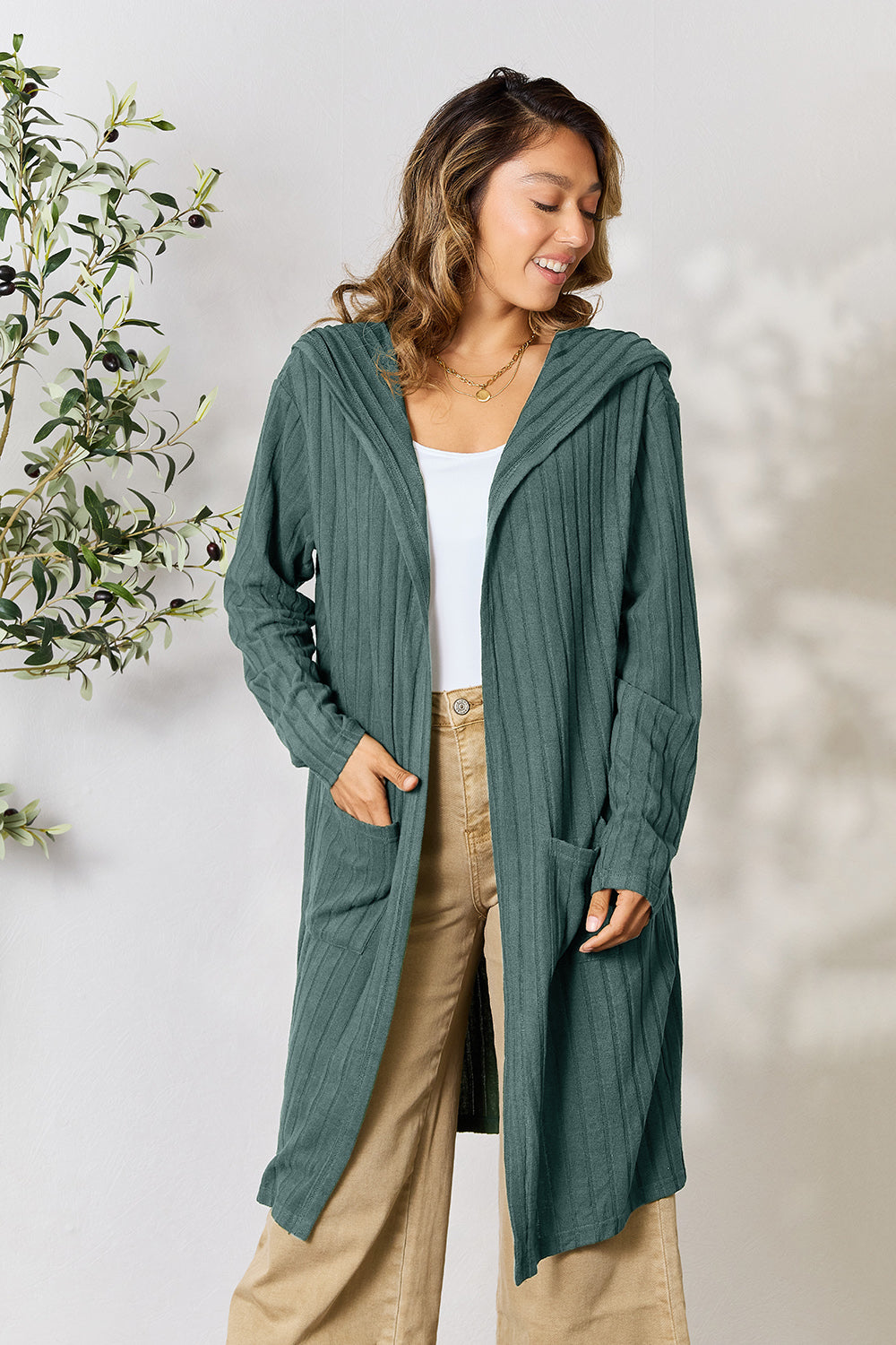 Teal Basic Bae Full Size Hooded Sweater Cardigan
