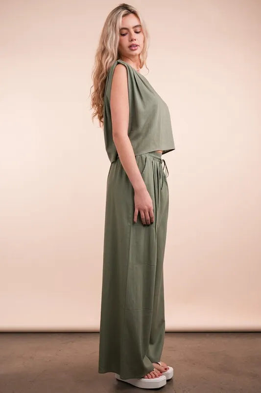 Very J Solid Woven Top Pants Set 1
