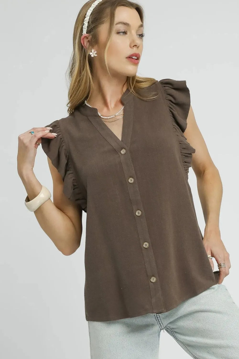 Coffee Brown Umgee Linen Ruffle Sleeve Button Down Shirt
