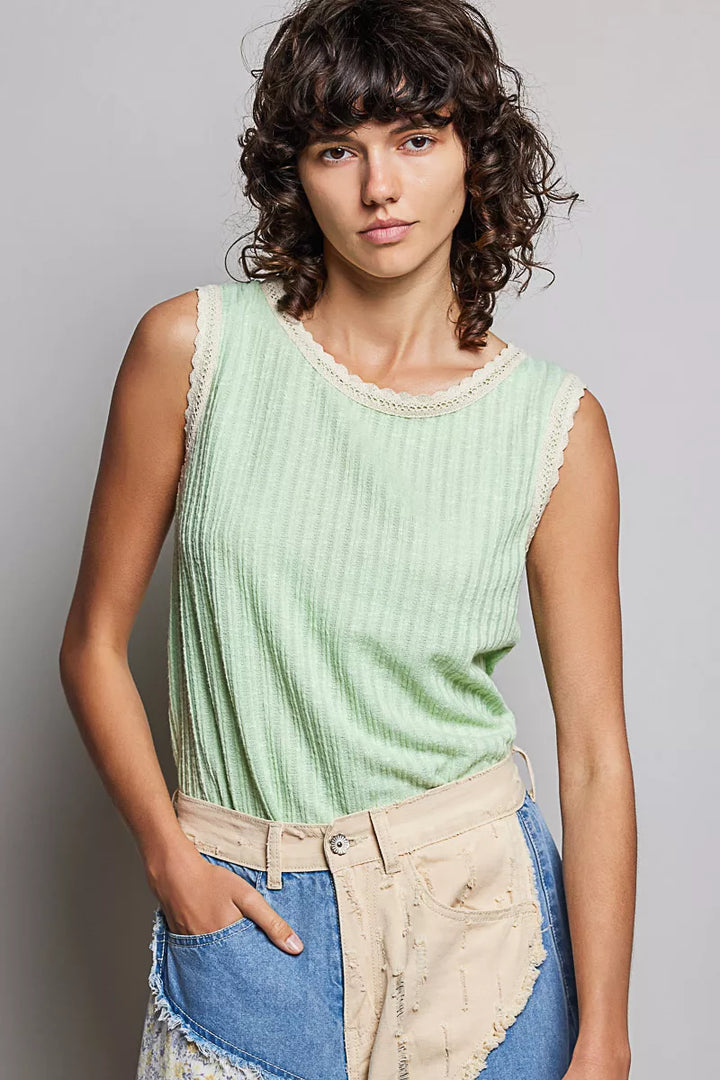 Sage Pol Ribbed Round Neck Tank With Lace Trim 3
