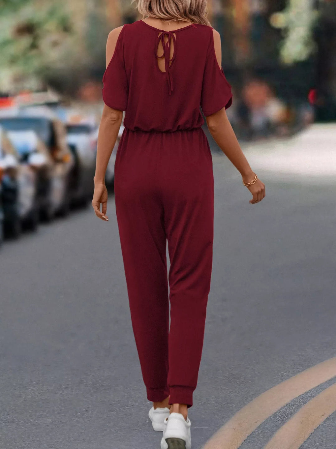 Cold Shoulder V Neck Drawstring Waist Jumpsuit