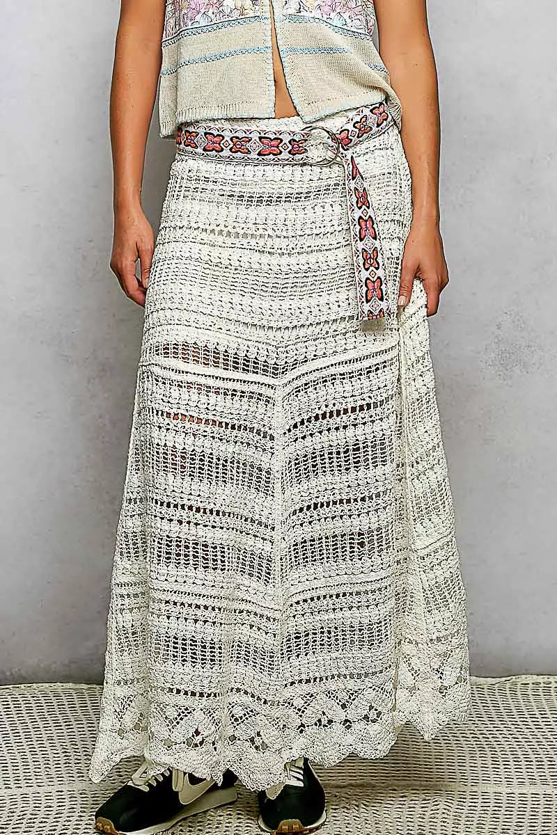 Off White Pol Boho Crochet Knit Maxi Skirt