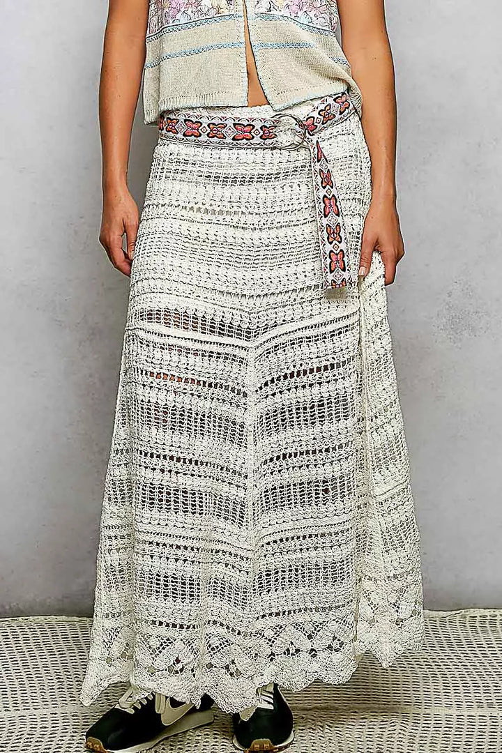 Off White Pol Boho Crochet Knit Maxi Skirt
