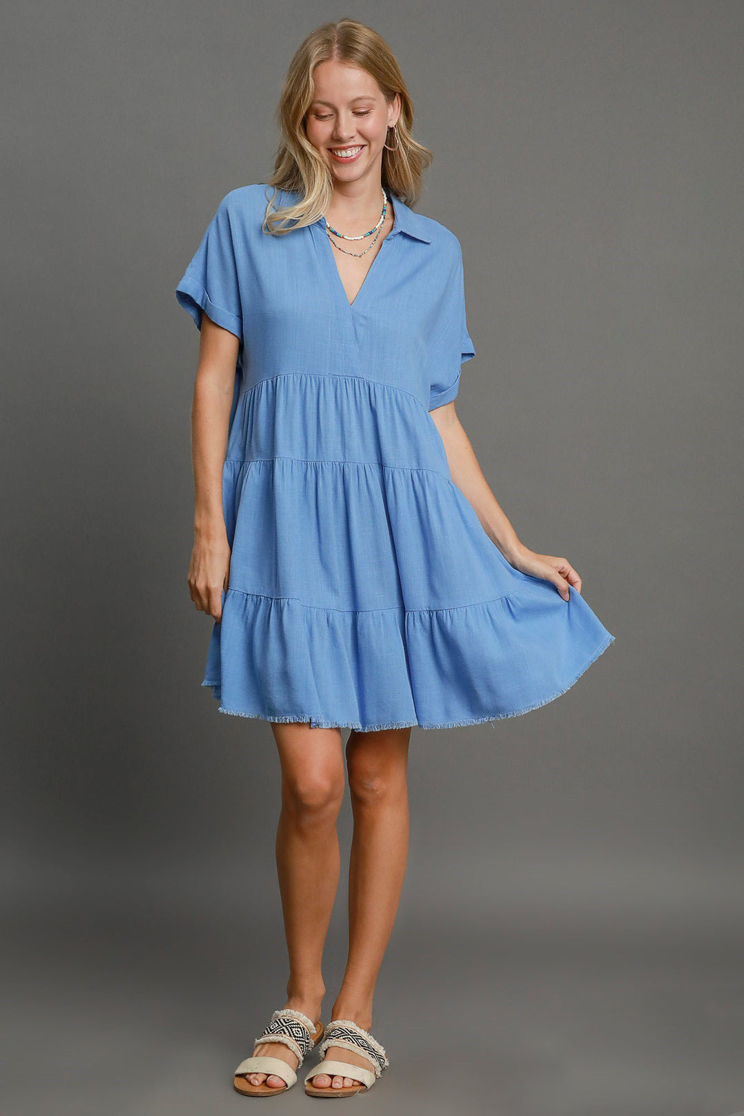 Sky Blue Umgee Full Size Raw Hem Folded Sleeve Tiered Dress Plus Size 1