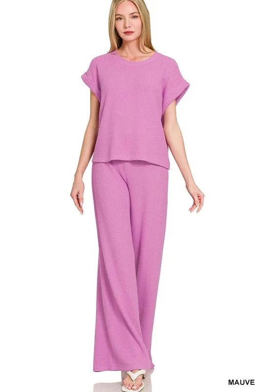 Zenana Rolled Sleeve Top And Pants Sweater Set