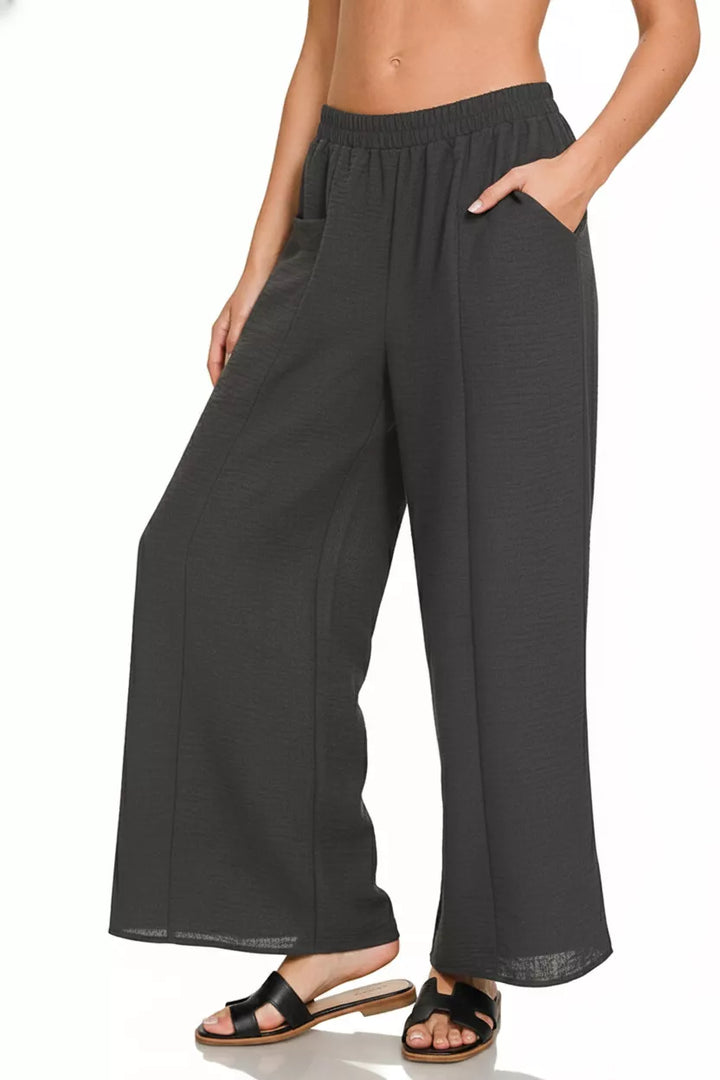 Black Zenana Woven Airflow Elastic Waistband Pants 3