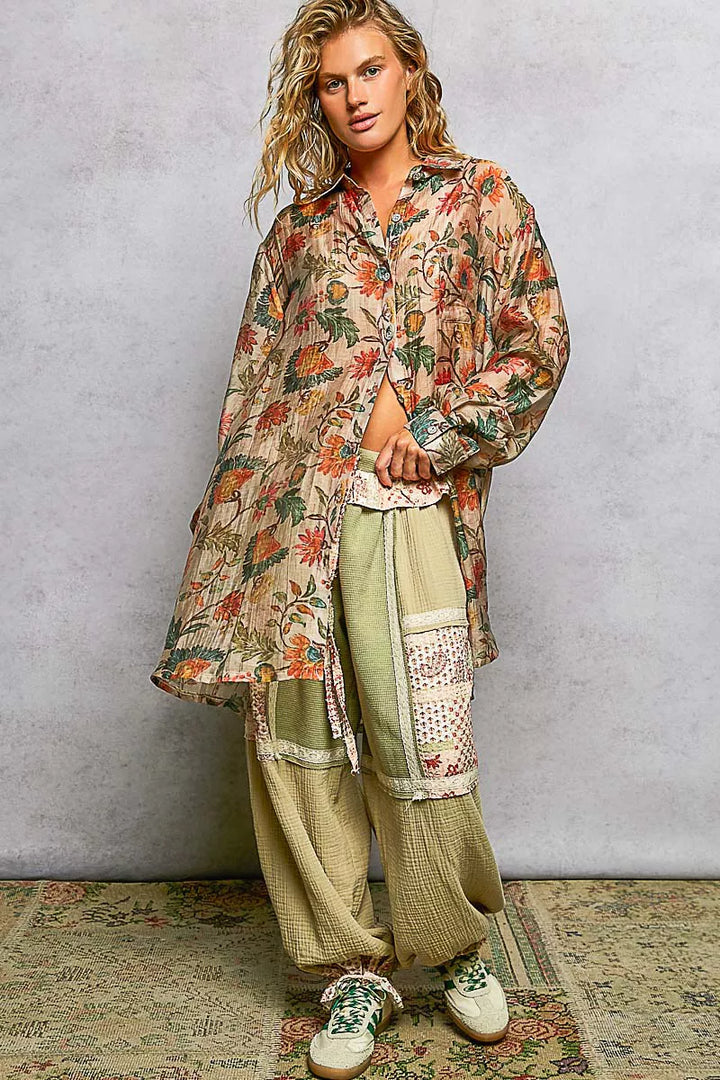 Pol Metal Button Down Floral Long Sleeve Shirt