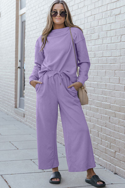 Hot Pink Double Take Full Size Textured Long Sleeve Top And Drawstring Pants Set