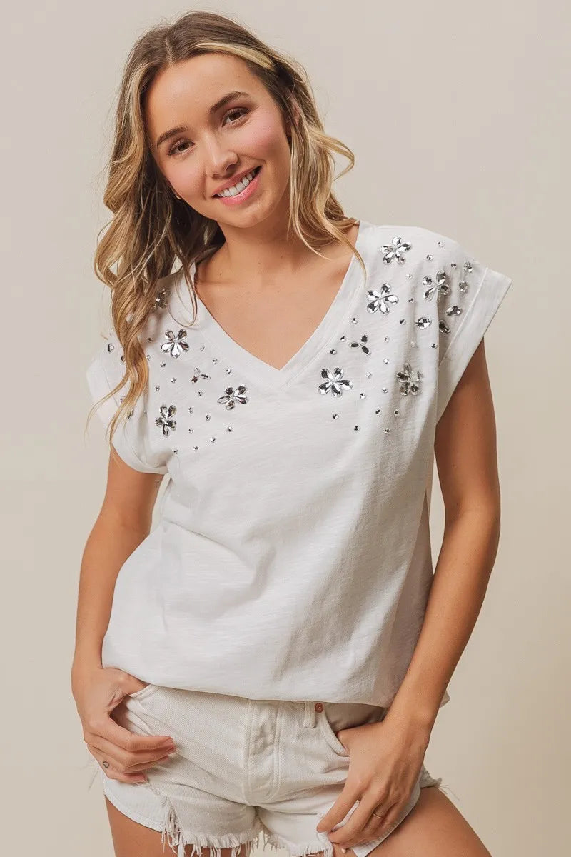 Off White Bibi Slub Jersey Rhinestone V Neck Top