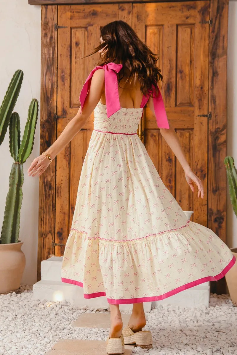 Cream/Pink So Me Ribbon Flowy Maxi Dress With Contrast Trim