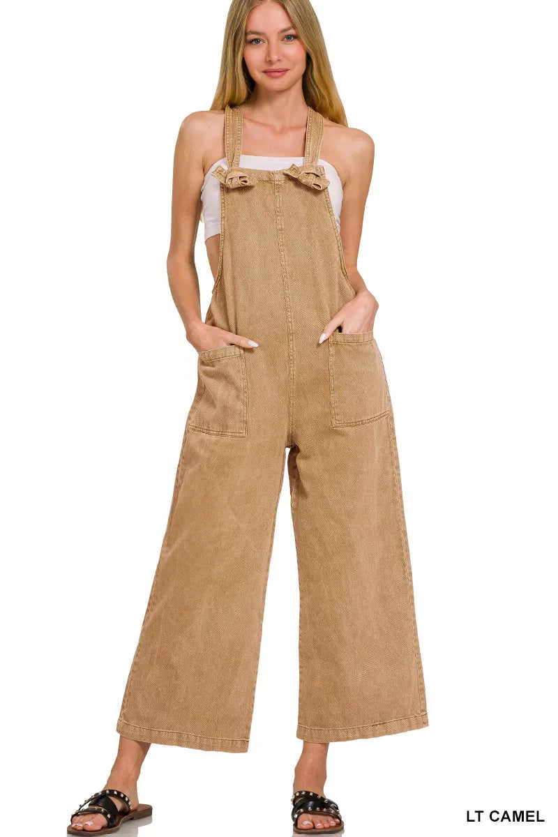 Lt Camel Zenana Washed Knot Strap Pockets Jumpsuit 1