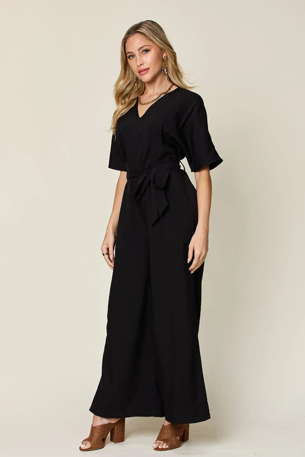 Black Double Take Full Size V Neck Tied Side Slit Jumpsuit
