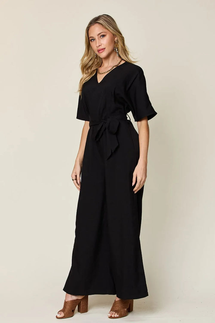 Black Double Take Full Size V Neck Tied Side Slit Jumpsuit