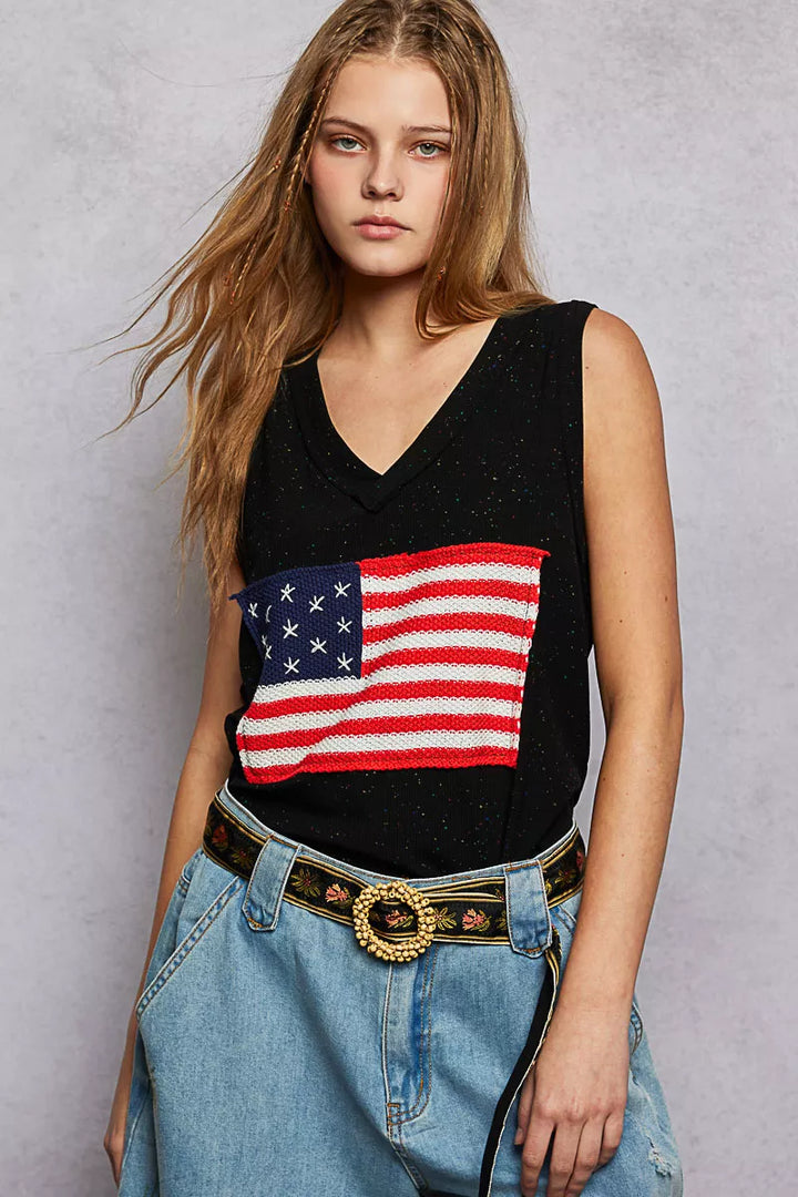 Black Pol V Neck Ribbed Tank With American Flag Patch And Star Back Patch 1