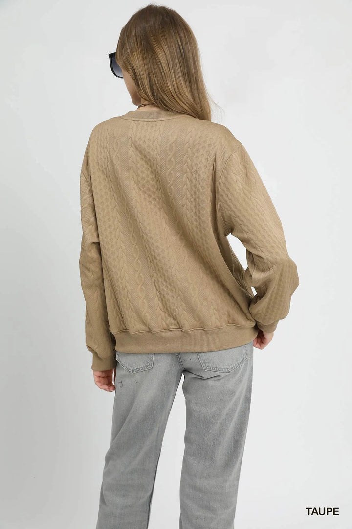 Taupe Umgee Cable Texture Pattern Sweatshirt With Ribbed Hem