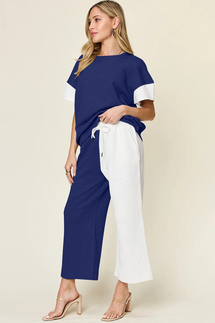 White Double Take Full Size Texture Contrast T Shirt And Wide Leg Pants Set