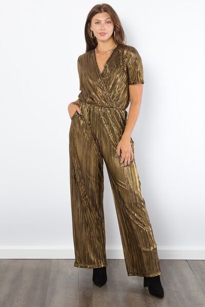 Gold Be Stage Surplice Short Sleeve Pleated Foil Jumpsuit