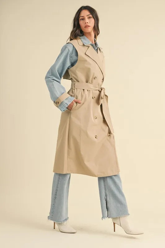 Mable Layered Look Trench Coat With Denim Jacket