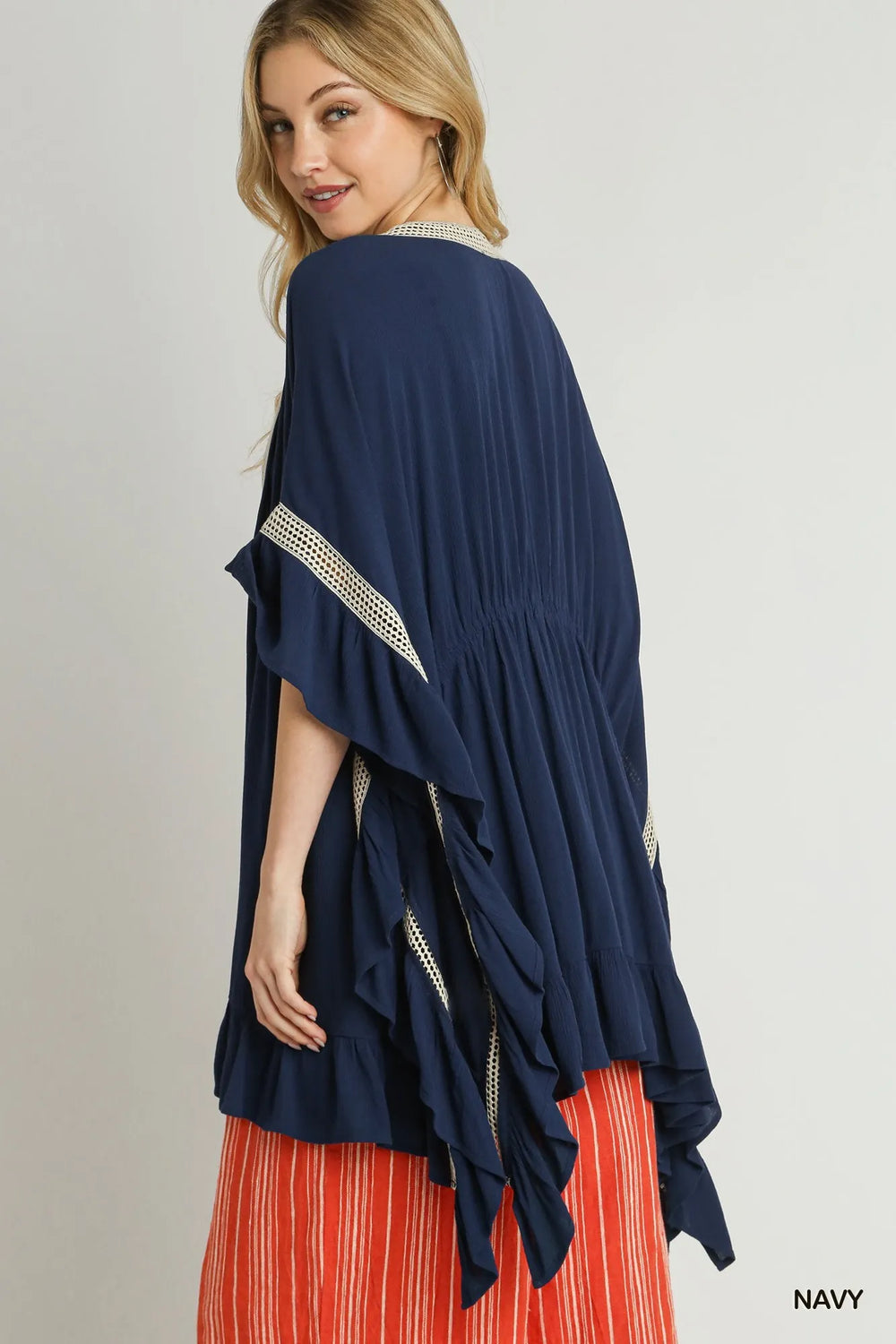 Navy Umgee Ruffle Trim Kimono With Crochet Accent