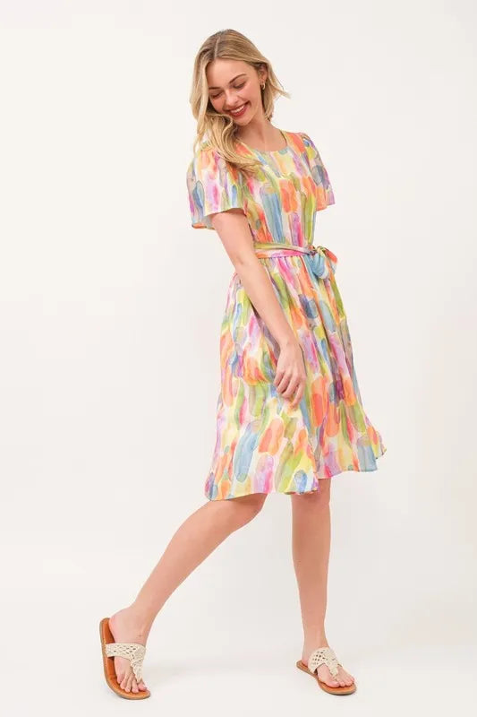 Orange Combo Lime N Chili Watercolor Print Tie Front Midi Dress