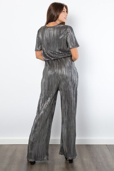 Silver Be Stage Surplice Short Sleeve Pleated Foil Jumpsuit 1