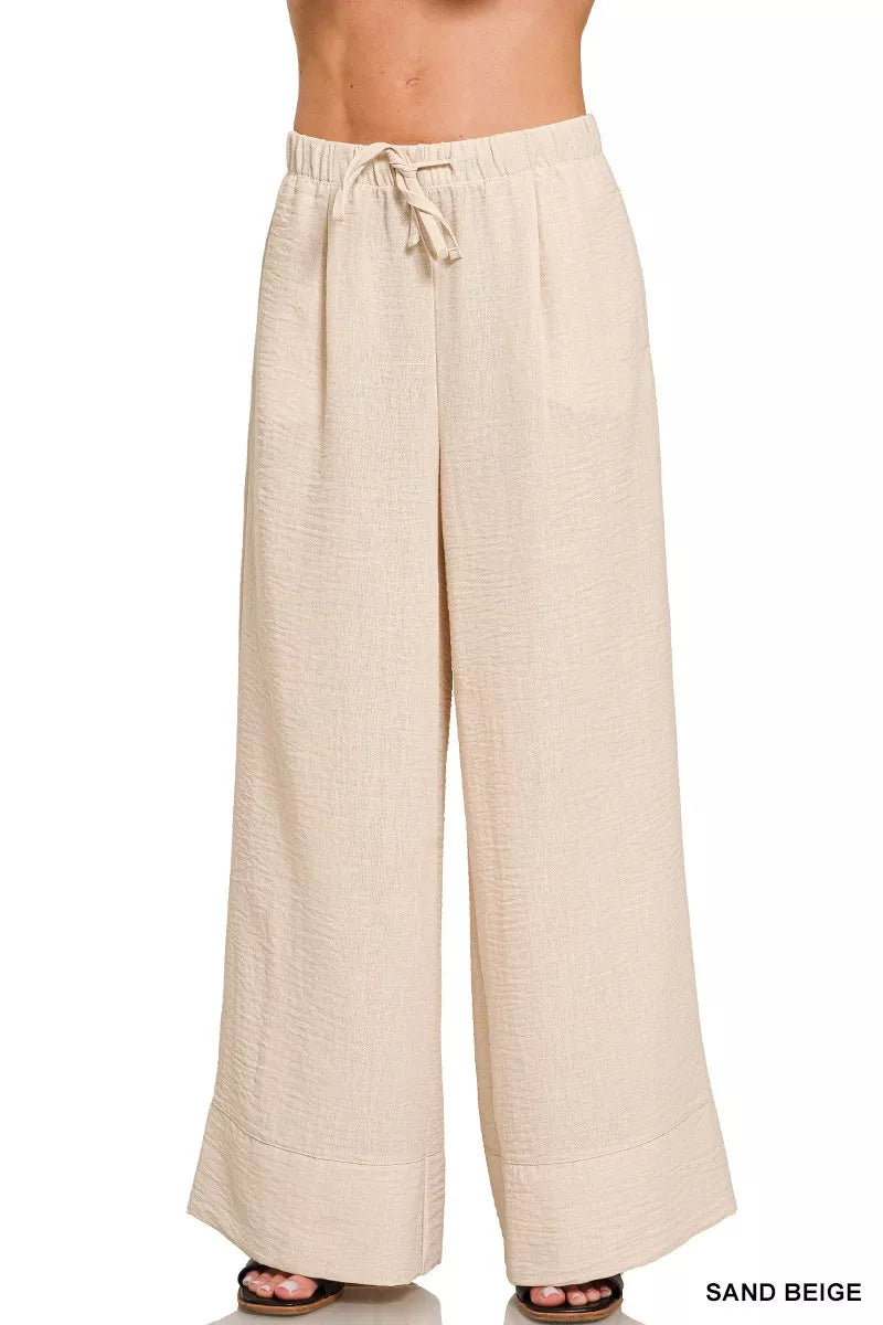 Sand Beige Zenana Woven Airflow Drawstring Pants 1