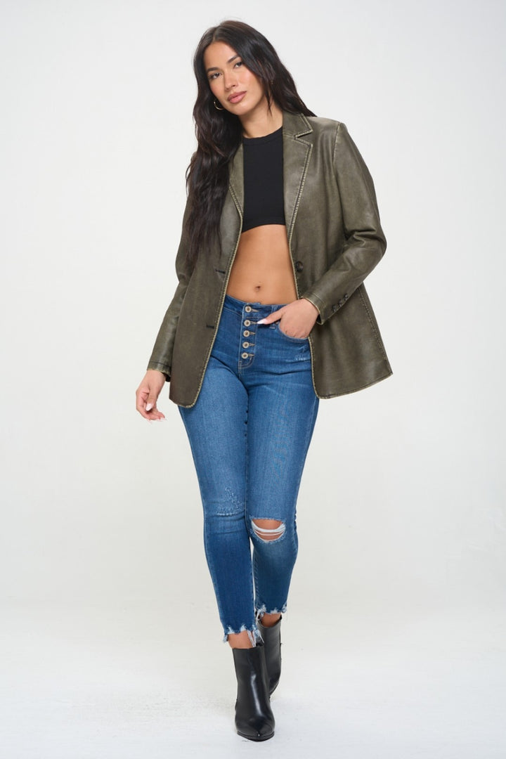Olive Brown Coalition La Single Breasted Vegan Leather Blazer