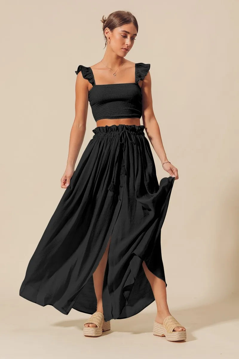 Black So Me Smocked Top And Flowy Maxi Skirt Set