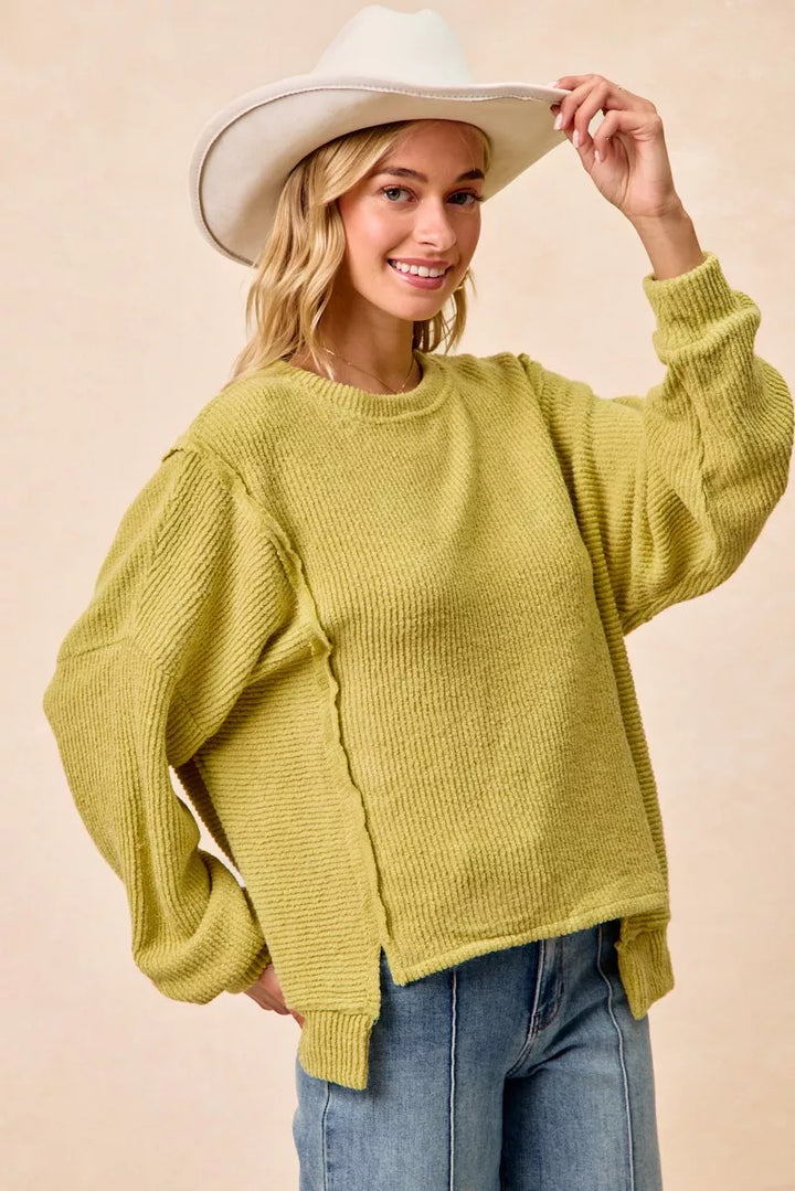 Bibi Boucle Rib Knit Uneven Hem Sweater With Open Seam