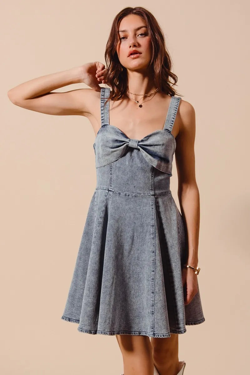 Denim So Me Mineral Washed Bow Ribbon Denim Flare Dress